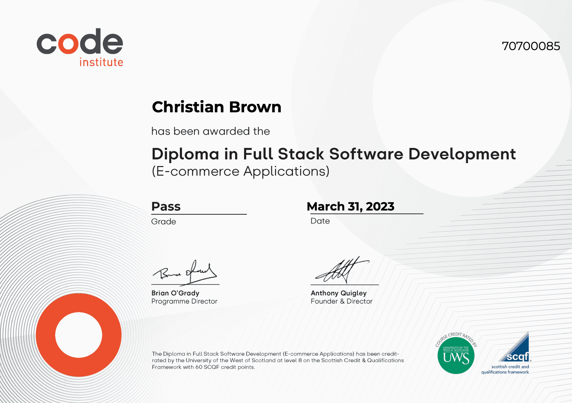 a picture of my code institute diploma